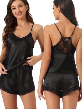 Cheibear-Black Satin Lace-Back Cami & Short Sleep Set - Women Intimates pajamas